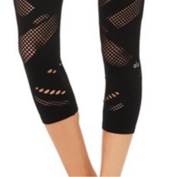 ALO YOGA RADIANCE BLACK NET MESHY PERFORATED SEAMLESS LEGGING CROP ANKLE PANTS L - Picture 3 of 10